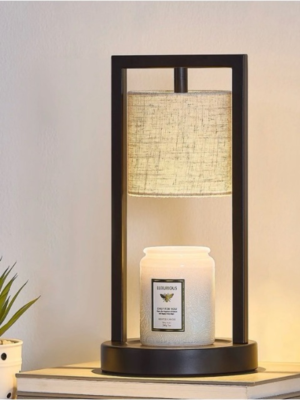Black Candle Warmer Lamp with Cream Fabric Shade